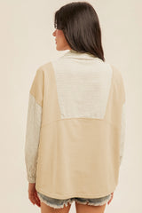 Khaki Stripe Patchwork Pocket Plus Size Long Sleeve Top