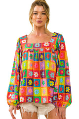 Multicolor 60s Flower Pattern Lantern Sleeve Square Neck Top