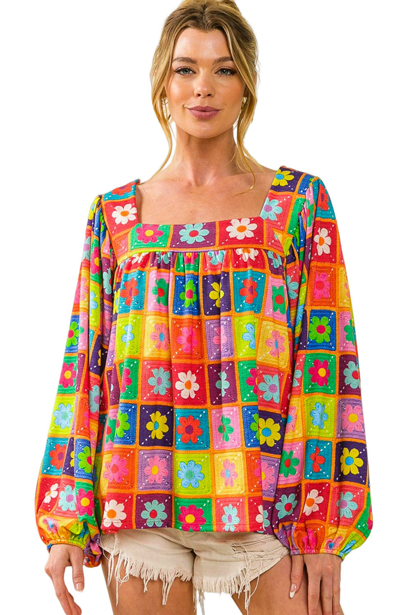 Multicolor 60s Flower Pattern Lantern Sleeve Square Neck Top