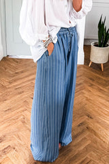 Blue Stripe Chambray Wide Leg Tied Elastic Waist Trousers
