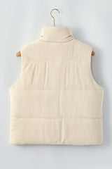 Beige Corduroy Stand Neck Zipped Puffer Vest