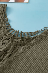 Oatmeal Guipure Lace Splicing Back Waffle Textured T-shirt