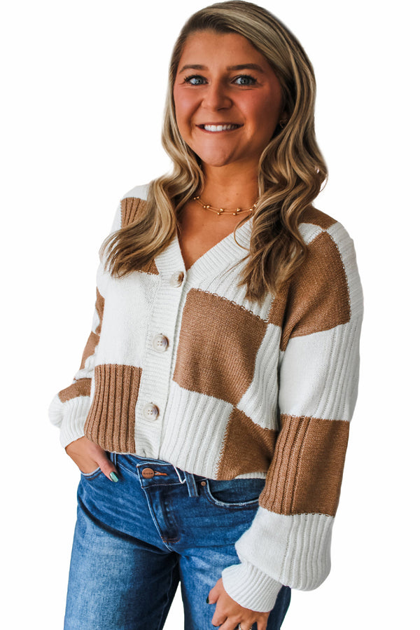 Khaki Checkered Pattern Button V Neck Ribbed Knit Cardigan
