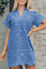 White Solid Color Eyelet Embroidered T Shirt Mini Dress