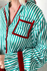 Red Striped Contrast Velvet Trim Knot Waist Pajama Set