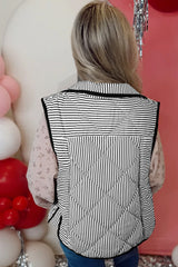 Black Striped Snap Button Scalloped Hem Winter Vest