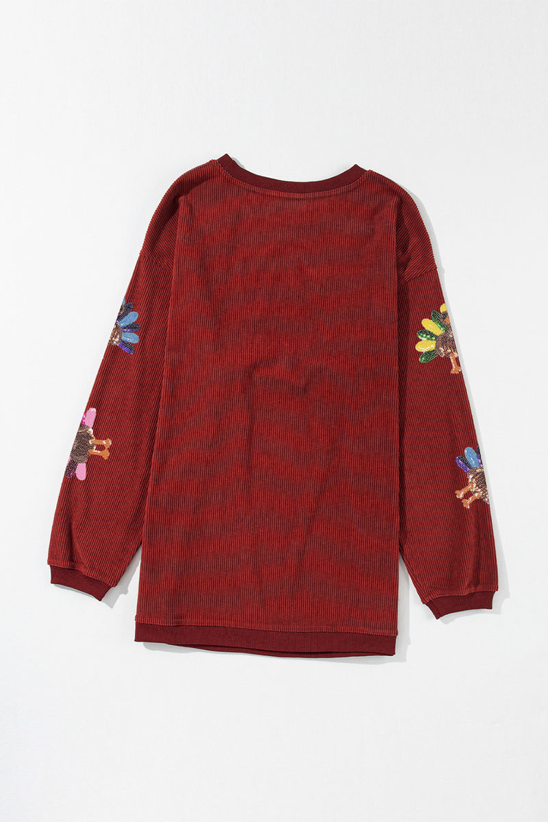 Orange Turkey Graphic Sequins Patch Corded Baggy Sweatshirt