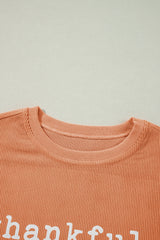 Orange thankful Letter Heat Transfer Printing Ribbed Crew Neck Thanksgiving Sweatshirt