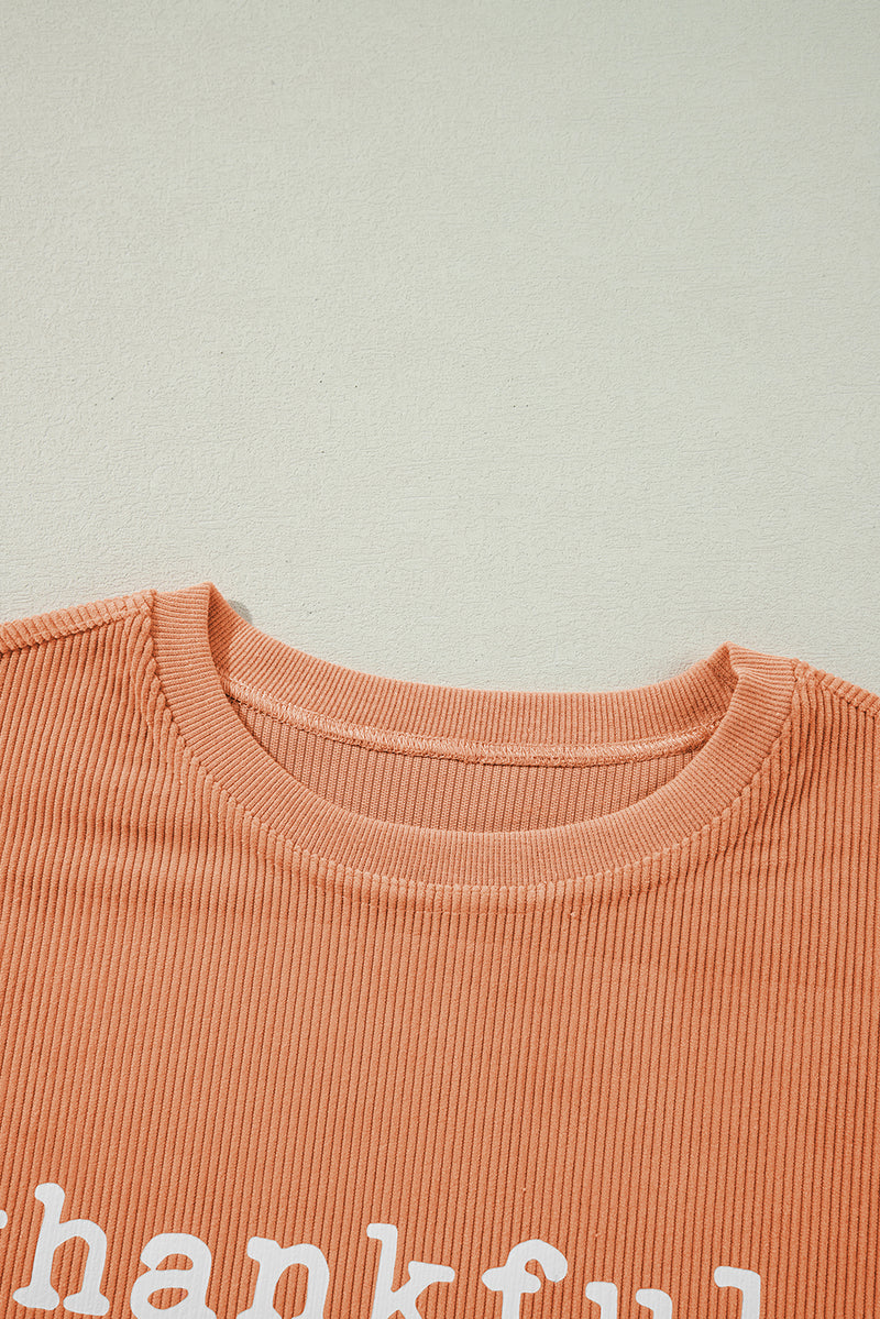 Orange thankful Letter Heat Transfer Printing Ribbed Crew Neck Thanksgiving Sweatshirt