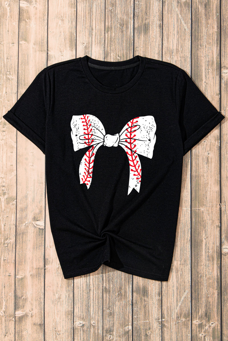 Rose Red Casual Baseball Bowknot Graphic Tee