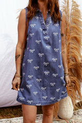 Sky Blue Bow Collared V Neck Sleeveless Denim Mini Dress with Pockets