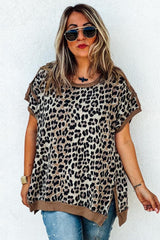 Khaki Leopard Contrast Trim Short Sleeve Loose Plus Size Top