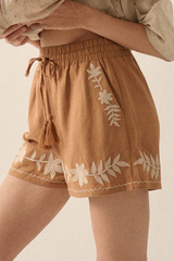 Khaki Embroidered Tassel Tie Elastic Waist Shorts