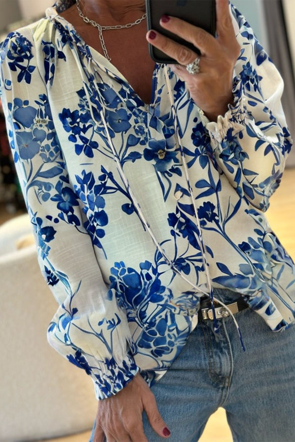 Blue Floral Long Sleeve Lace-up V Neck Blouse