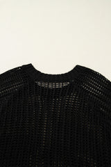 Black Plus Size Open Knit Bow Tie Short Sleeve Sweater