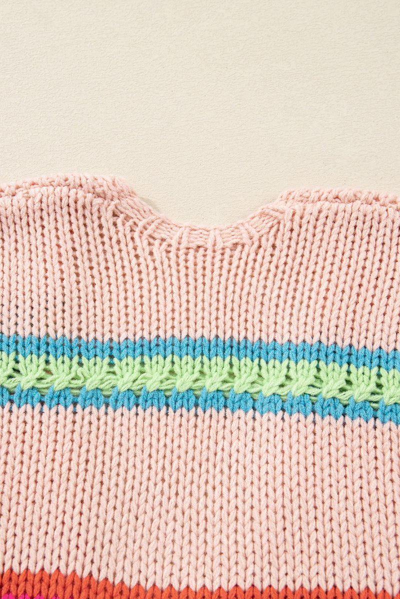 Multicolour Open Front Striped Colorblock Knit Oversize Cardigan