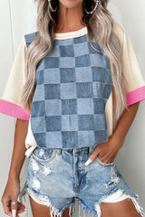 Dusk Blue Checkered Denim Patchwork Short Sleeve Loose Top