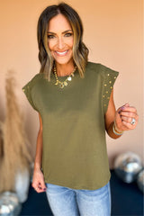 Black Casual Rivet Round Neck T Shirt