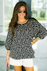 Black Leopard Contrast Trim Bracelet Sleeve Top