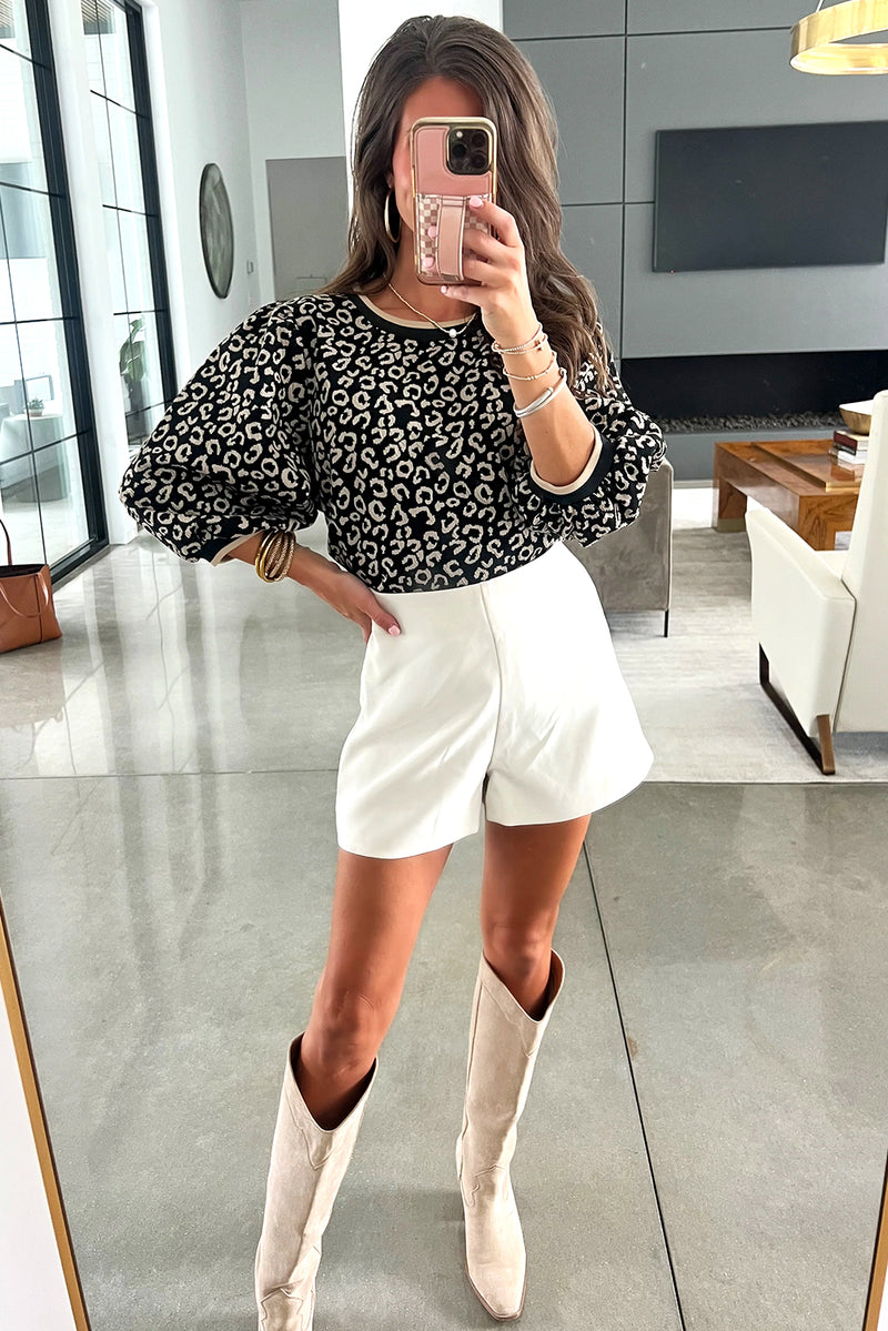 Black Leopard Contrast Trim Bracelet Sleeve Top