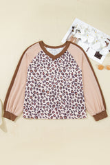Parchment Leopard Colorblock Patchwork Twist Ribbed Plus Size Baggy Pullover