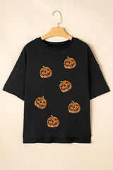 Black Sequin Pumpkin Face Halloween Graphic Tee