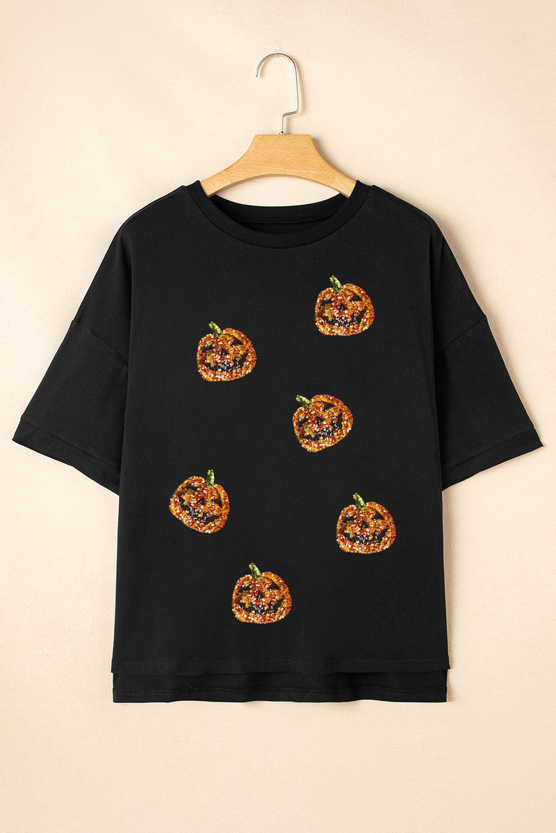 Black Sequin Pumpkin Face Halloween Graphic Tee
