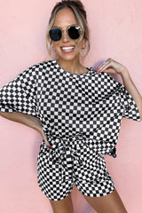 Black Checkered Top and Drawstring Shorts Pajama Set