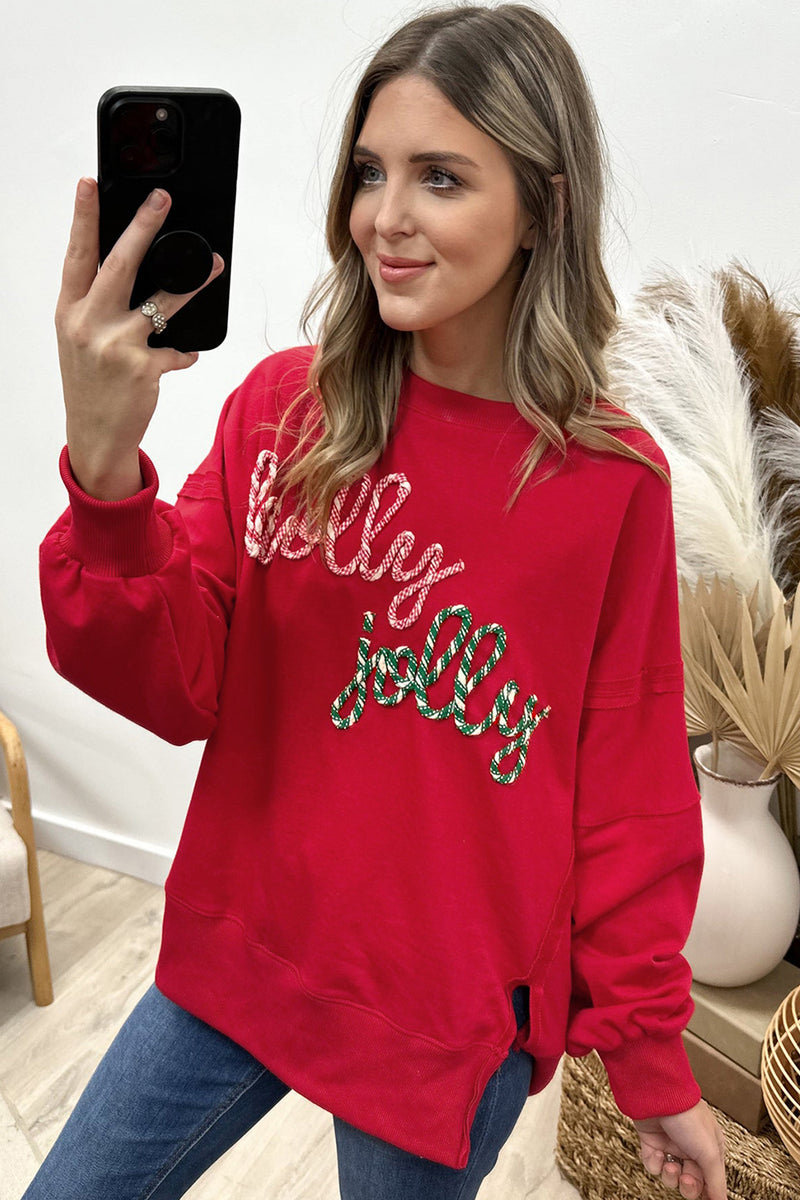 Racing Red Holly Jolly Embroidered Graphic Baggy Sweatshirt