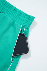 Dark Green V Neck Piping Trim Pullover Top and Shorts Set