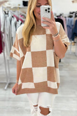 Black Checkered Pattern Loose Short Sleeve Sweater