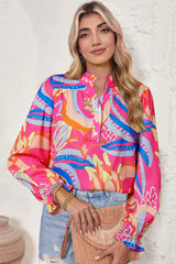 Green Abstract Print Ruffled Sleeve Buttoned V Neck Blouse