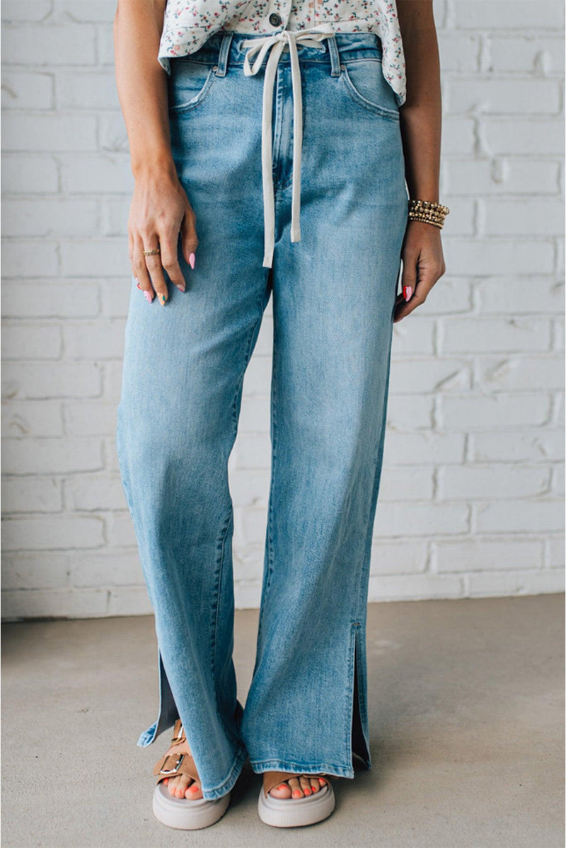 Myosotis Side Slit High Rise Drawstring Casual Jeans