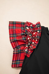 Black Pearl Plaid Ruffle Sleeve Loose T Shirt