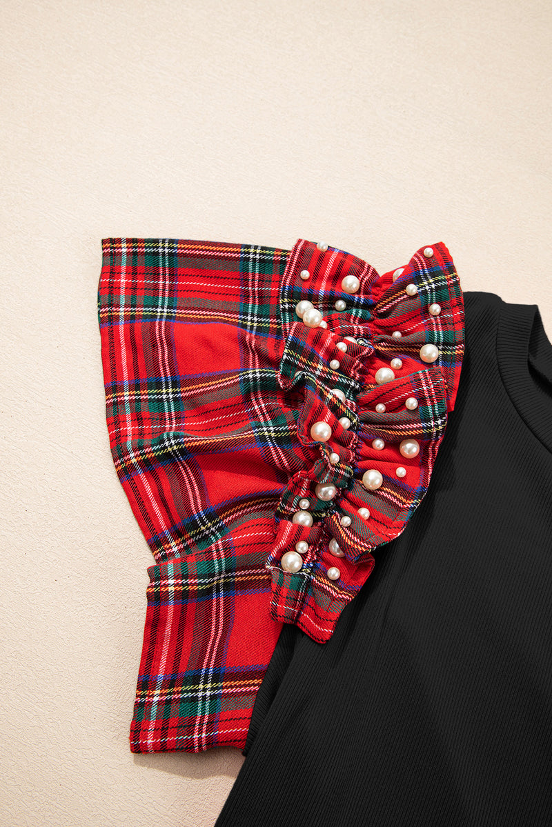 Black Pearl Plaid Ruffle Sleeve Loose T Shirt