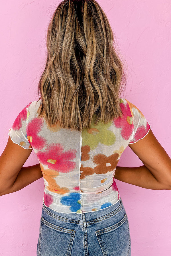 Multicolour Floral Lettuce Trim Cropped Mesh Top