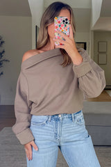 Old Rose Solid Color Waffle Knit Asymmetric Neck Long Sleeve Top