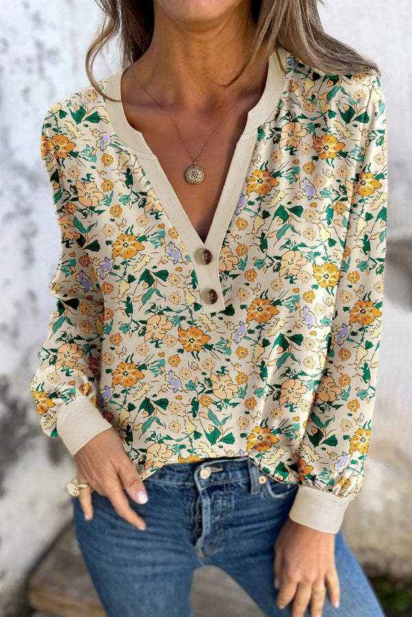 Khaki Floral Print Button Notched V Neck Long Sleeve Top