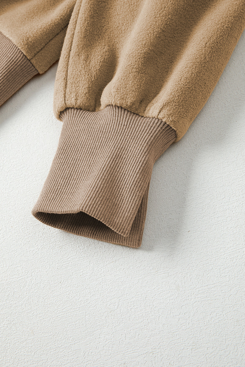 Dark Khaki Fuzzy Sherpa Splicing Pullover Sweatshirt