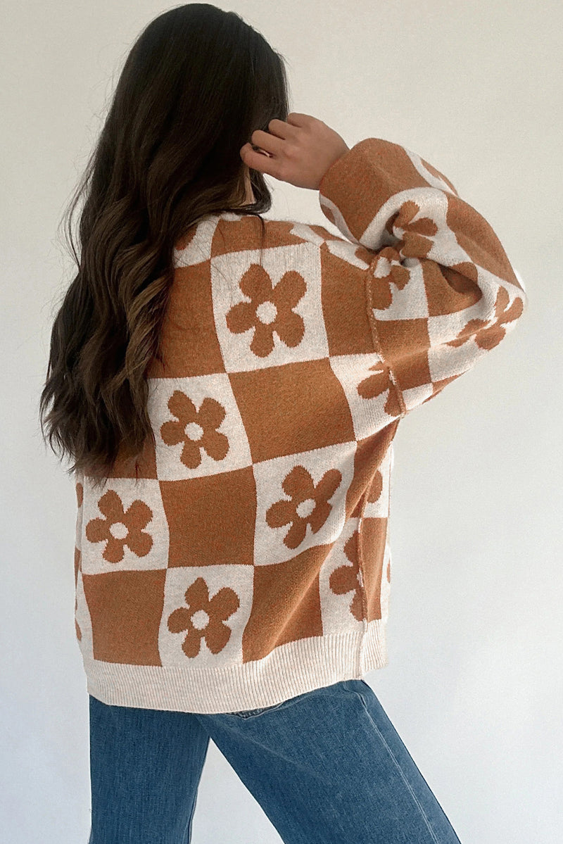 Red Dahlia Flower Colorblock Checkered Henley Sweater