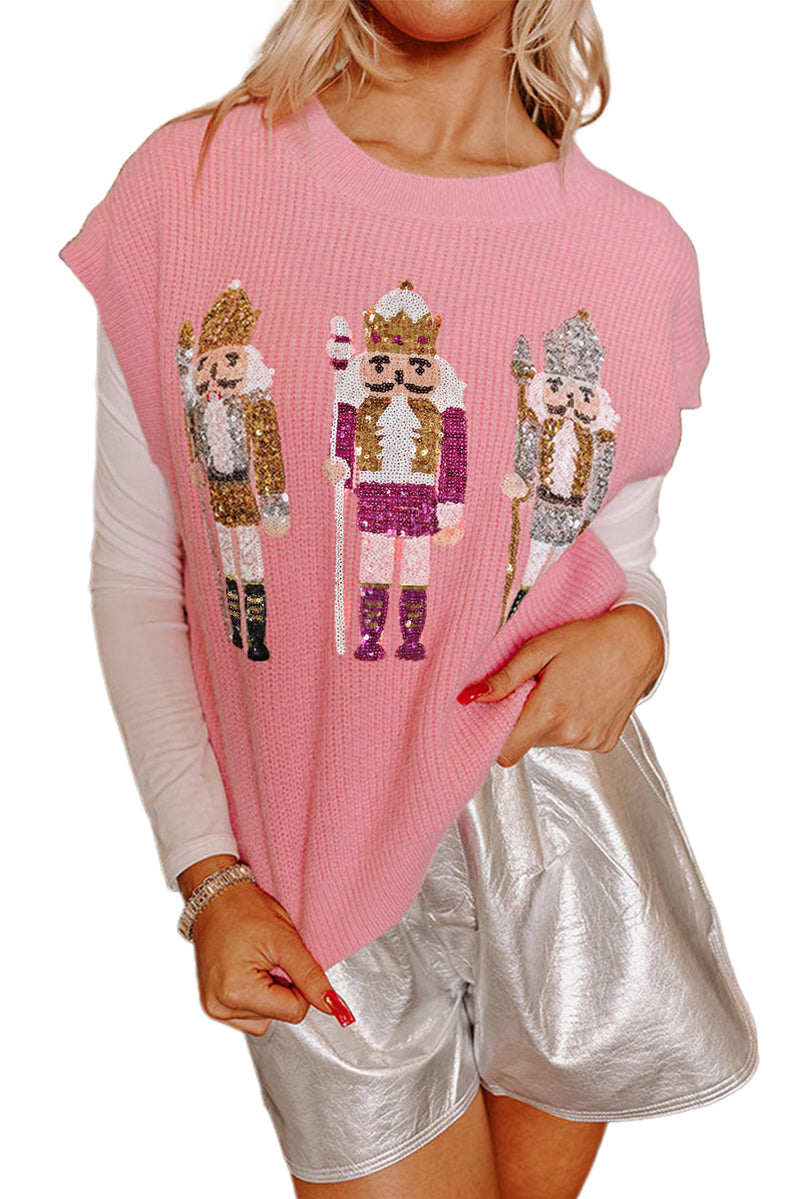 Gossamer Pink Nutcracker Sequin Graphic Short Sleeve Sweater