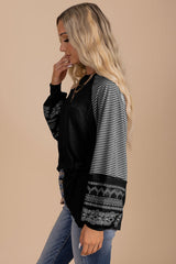 Tillandsia Purple Contrast Print Striped Raglan Long Sleeve Loose Top