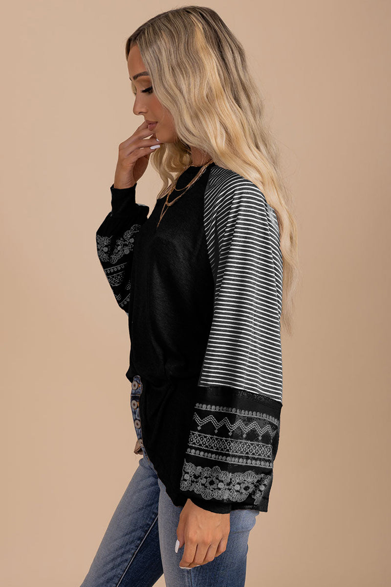 Tillandsia Purple Contrast Print Striped Raglan Long Sleeve Loose Top