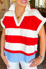 Red Stripe Colorblock Patchwork Short Sleeve Collar Top