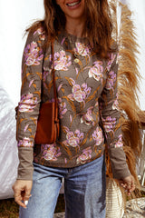 Brown Floral Print Waffle Textured Long Sleeve Top