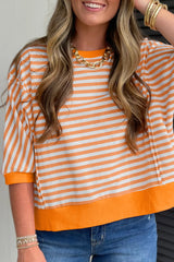 Orange Stripe 3/4 Sleeve Exposed Seam Patchwork Pullover Top