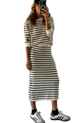 Black Stripe Ribbed Trim Button Cuff Top and Midi Skirt Outfit
