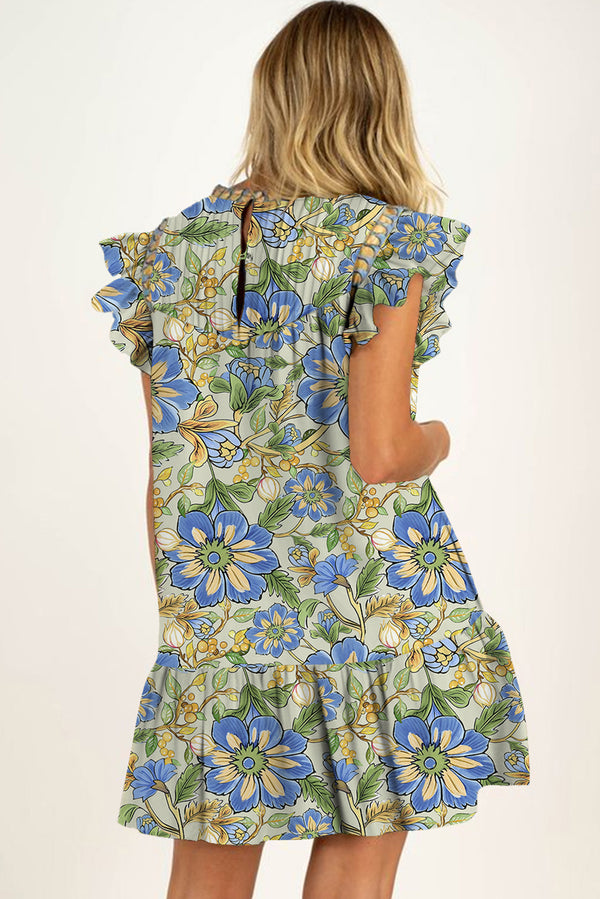Spinach Green Botanical Floral Print Ruffle Pleated Mini Dress