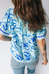 Sky Blue Ricrac Trim Slit V Neck Short Sleeve Floral Blouse