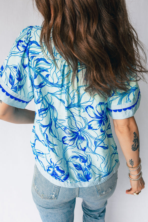 Sky Blue Ricrac Trim Slit V Neck Short Sleeve Floral Blouse